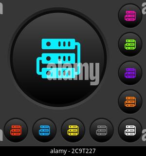 Connected servers dark push buttons with vivid color icons on dark grey background Stock Vector