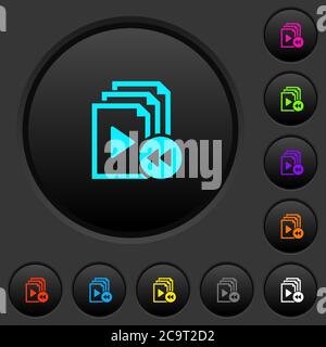 Playlist fast backward dark push buttons with vivid color icons on dark grey background Stock Vector