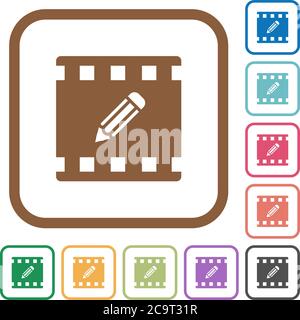 Edit movie simple icons in color rounded square frames on white background Stock Vector