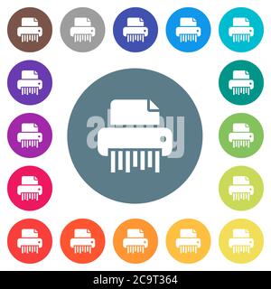 Office shredder flat white icons on round color backgrounds. 17 background color variations are included. Stock Vector