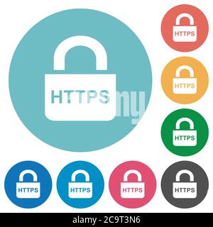 Secure http protocol white flat icons on color rounded square ...