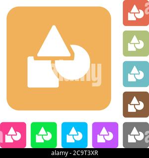 Basic geometric shapes flat icons on rounded square vivid color backgrounds. Stock Vector