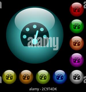 Speedometer icons in color illuminated spherical glass buttons on black ...