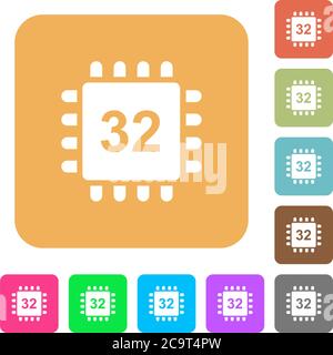 Microprocessor 32 bit architecture flat icons on rounded square vivid color backgrounds. Stock Vector