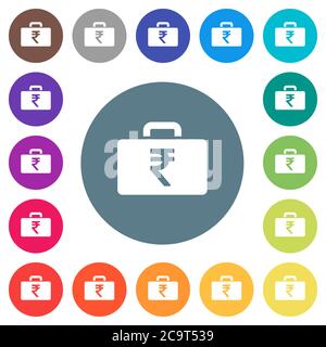 Indian Rupee bag flat white icons on round color backgrounds. 17 background color variations are included. Stock Vector