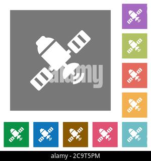 Satellite flat icons on simple color square backgrounds Stock Vector