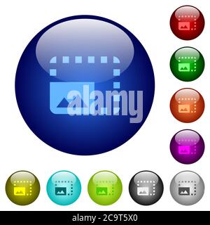 Enlarge photo icons on round color glass buttons Stock Vector