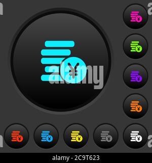Yen coins dark push buttons with vivid color icons on dark grey background Stock Vector
