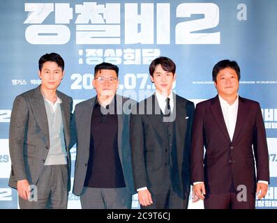 Jung Woo-Sung, Yang Woo-Seok, Yoo Yeon-Seok and Kwak Do-Won, July 23, 2020 : (L-R) South Korean actor Jung Woo-Sung, film director Yang Woo-Seok, actors Yoo Yeon-Seok and Kwak Do-Won pose at a press screening for Korean movie 'Steel Rain 2: Summit' in Seoul, South Korea. The action adventure film dramatizes a tripartite summit in North Korea to end the Korean War and clinch a peace treaty. Credit: Lee Jae-Won/AFLO/Alamy Live News Stock Photo