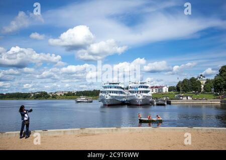 UGLICH, Russia, - 26 July 2020, Cruise ship at the pier on the Volga river in the ancient town Stock Photo