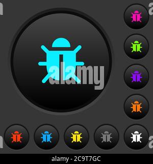Computer bug dark push buttons with vivid color icons on dark grey background Stock Vector