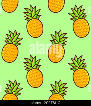 Pineapple seamless pattern. Hand drawn cartoon pineapples on green background. Bright summer texture. Stock Vector