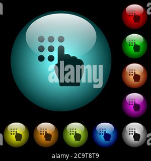 Typing security code icons in color illuminated spherical glass buttons on black background. Can be used to black or dark templates Stock Vector