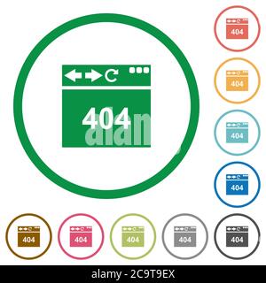Browser 404 page not found flat color icons in round outlines on white background Stock Vector