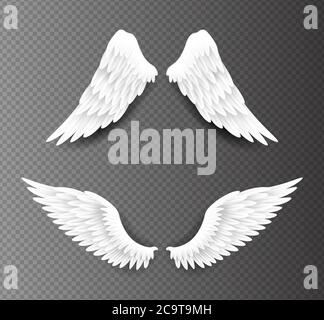 Pair of beautiful white angel wings isolated on transparent background, 3D realistic vector illustration. Spirituality and freedom Stock Vector