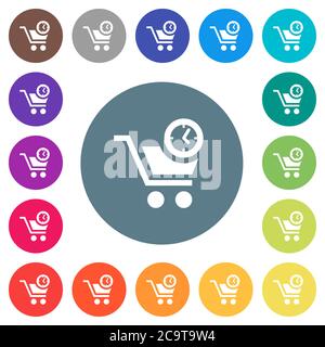Instant purchase flat white icons on round color backgrounds. 17 background color variations are included. Stock Vector