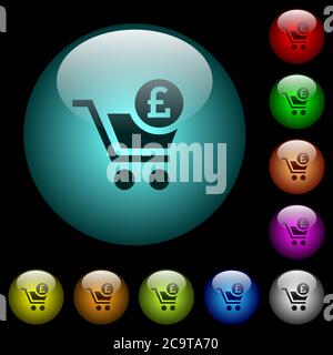 Checkout with Pound cart icons in color illuminated spherical glass buttons on black background. Can be used to black or dark templates Stock Vector