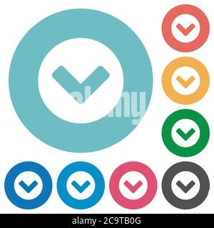 Chevron down flat white icons on round color backgrounds Stock Vector