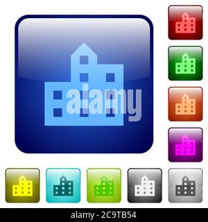 City silhouette icons in rounded square color glossy button set Stock Vector