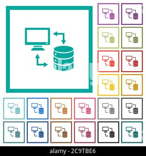 Syncronize data with database flat color icons with quadrant frames on white background Stock Vector