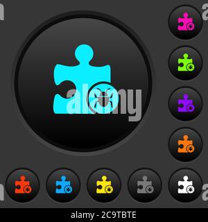 Plugin bug dark push buttons with vivid color icons on dark grey background Stock Vector