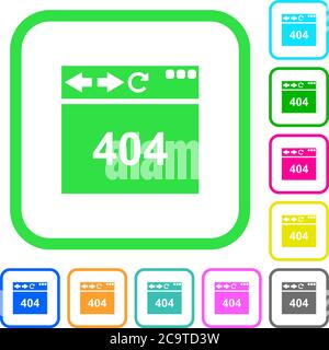 Browser 404 page not found vivid colored flat icons in curved borders on white background Stock Vector