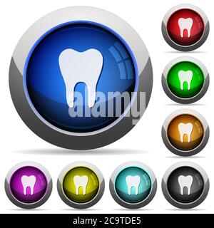 Single tooth icons in round glossy buttons with steel frames Stock Vector