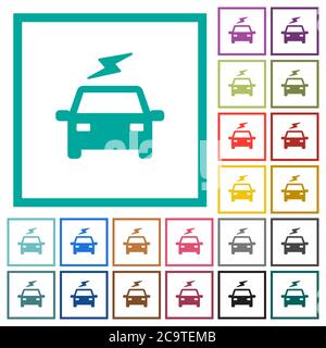 Electric car with flash flat color icons with quadrant frames on white background Stock Vector