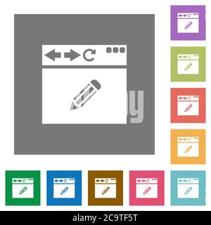 Browser edit flat icons on simple color square backgrounds Stock Vector
