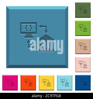Open banking API engraved icons on edged square buttons in various trendy colors Stock Vector