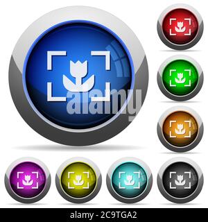 Camera macro mode icons in round glossy buttons with steel frames Stock Vector