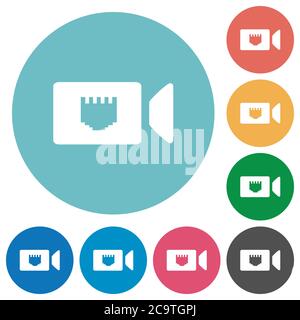 IP camera flat white icons on round color backgrounds Stock Vector