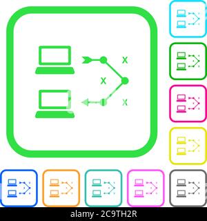 Traceroute remote computer vivid colored flat icons in curved borders on white background Stock Vector