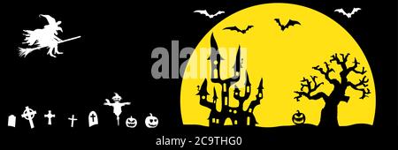 dark castle and witch in front of full moon with scary illustrated elements for Halloween background layouts Stock Vector