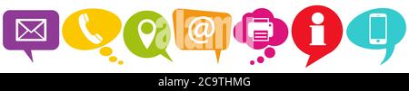illustration of colored speech bubbles in a row with communication icons Stock Vector