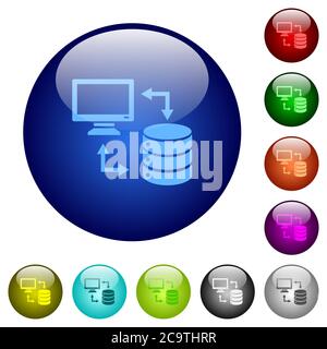 Syncronize data with database icons on round color glass buttons Stock Vector