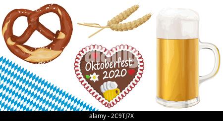 collection of typical illustrated Oktoberfest objects, beer, bretzel, wheat and gingerbread heart for beer garden time 2020 Stock Vector