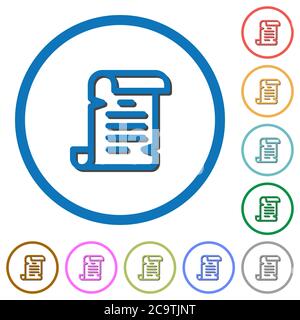 Paper scroll flat color vector icons with shadows in round outlines on white background Stock Vector