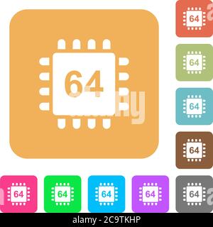Microprocessor 64 bit architecture flat icons on rounded square vivid color backgrounds. Stock Vector