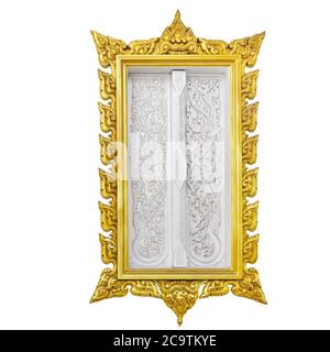 Gold ornate wood window in Asian style on white background. Stock Photo