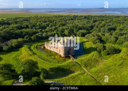 Aerial view of Caerlaverock Castle, Dumfries & Galloway, Scotland.