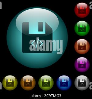 Script file icons in color illuminated spherical glass buttons on black background. Can be used to black or dark templates Stock Vector