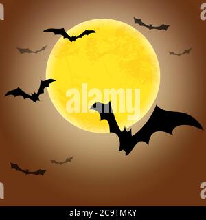 spooky dark bats in front of a full moon with free text space for Halloween background layouts Stock Vector