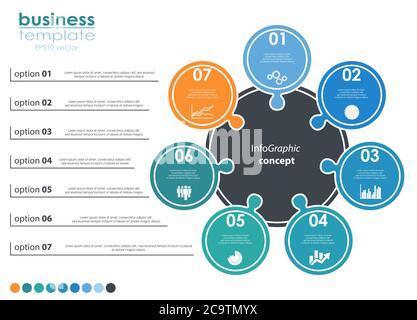 EPS 10 vector file for business info graphic template designs, team work concepts and data information with seven options Stock Vector