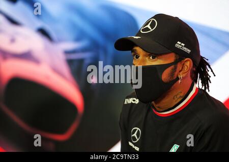 The post race FIA Press Conference with Lewis Hamilton of Mercedes AMG F1 after the 2020 British Grand Prix at Silverstone, Northamptonshire. Stock Photo