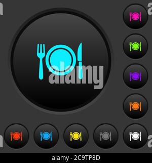 Dinner dark push buttons with vivid color icons on dark grey background Stock Vector