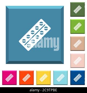 Batch of pills in blister pack white icons on edged square buttons in various trendy colors Stock Vector