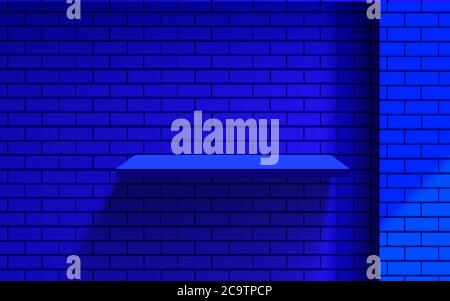 blue shelf and spotlight on the blue brick wall Stock Vector