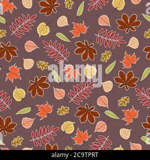seamless pattern autumn leaves of oak, maple, birch, poplar, linden, horse chestnut and rowan with white outline on a dark pink background Stock Vector