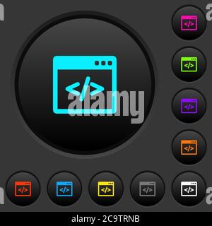 Programming code in software window dark push buttons with vivid color icons on dark grey background Stock Vector